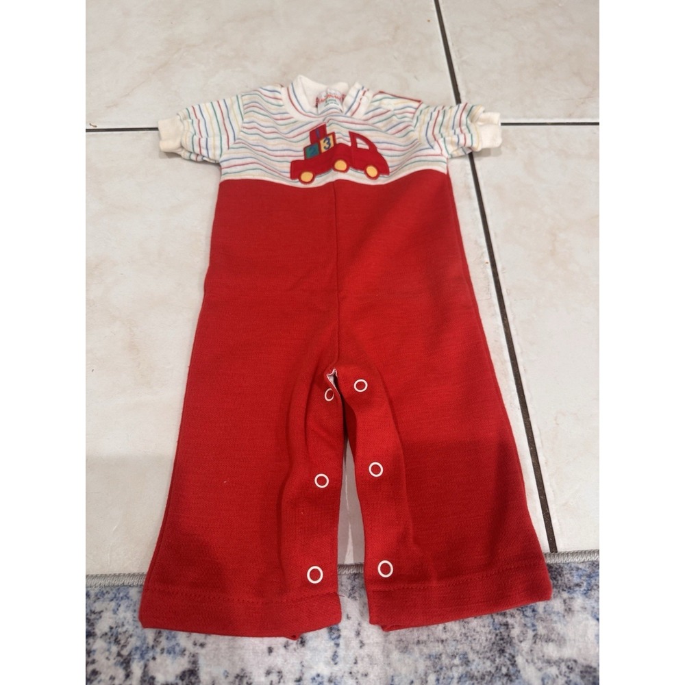 Vintage Health-Tex Baby Boy 9 Months Red Striped Truck Blocks Romper USA Made